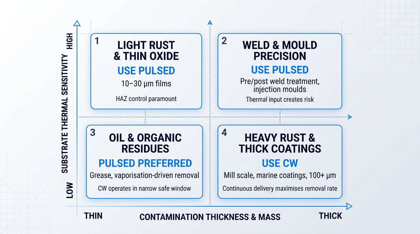 2x2 decision matrix with substrate thermal sensitivity (low to high) on vertical axis and contamination thickness (thin to thick) on horizontal axis. Four quadrants show technology recommendations: pulsed for light rust and thin oxide, pulsed for weld and mould precision, pulsed preferred for oil and organic residues, continuous wave for heavy rust and thick coatings.