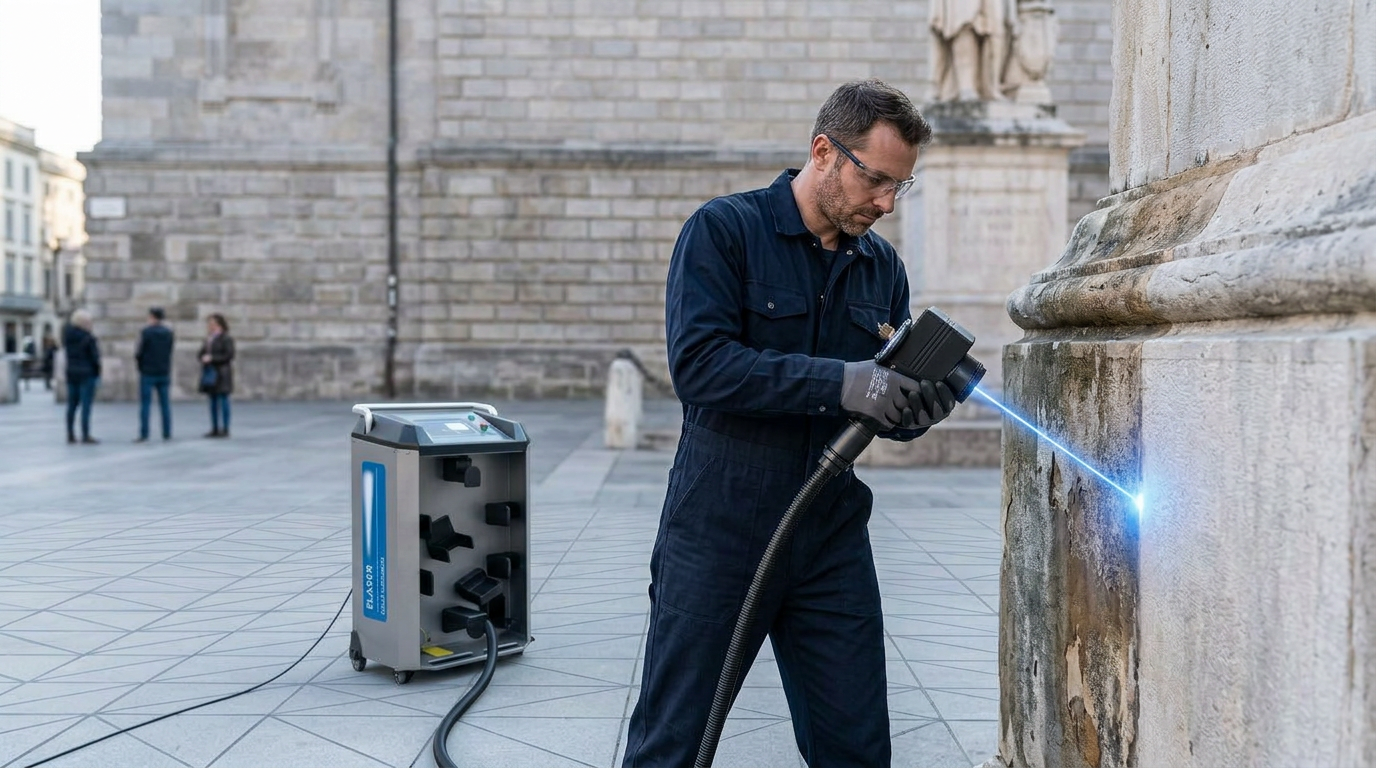 Heritage technician in navy coveralls operating ELASER-RHZ laser scanner on weathered stone masonry, with bright electric blue laser beam visible at contact point showing cleaned surface contrast, publicly accessible outdoor plaza with observers in background.