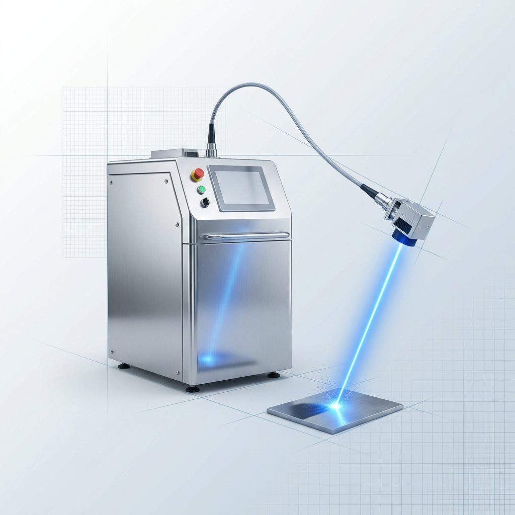 ELASER laser cleaning machine with extended fiber cable and galvanometer scanner head, visible electric blue laser beam directed at a surface showing cleaning action and particle ablation.