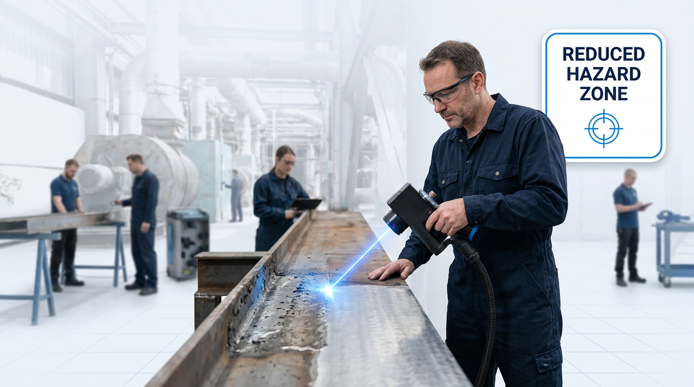 Laser cleaning operator in dark coveralls actively working with ELASER scanner on large metal structure, bright electric blue laser beam visible on work surface, other workers present in background continuing tasks uninterrupted in bright industrial workshop.