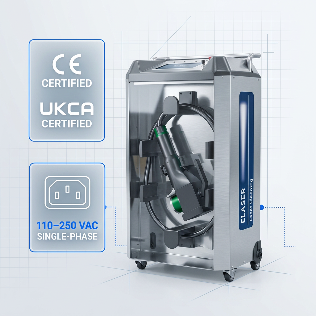 ELASER laser cleaning machine unit centered with CE and UKCA certification badges on left and single-phase power connector specification below, demonstrating plug-and-play deployment readiness.