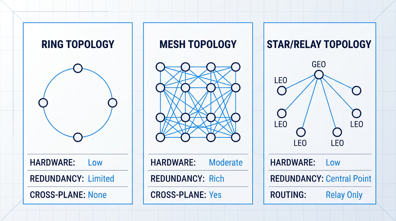 Three-column comparison of satellite network topologies: ring topology with satellites in a circular chain, mesh topology with satellites connected across two orbital planes, and star/relay topology with LEO satellites connected to a central GEO node.