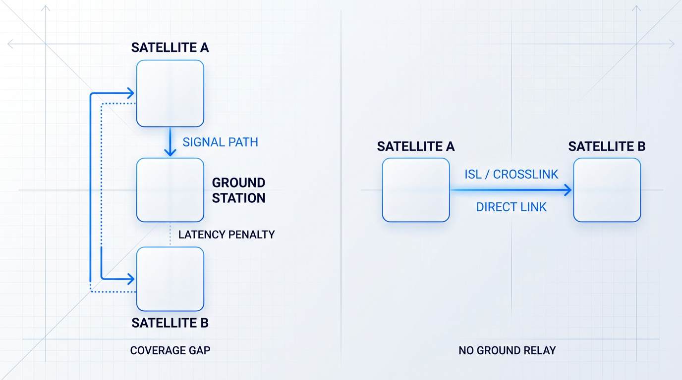 Side-by-side comparison: left panel shows conventional satellite relay with two satellites connected through a ground station with arrows indicating latency penalty and coverage gaps; right panel shows direct intersatellite link with two satellites connected by a single direct arrow labeled ISL/crosslink, eliminating ground relay.