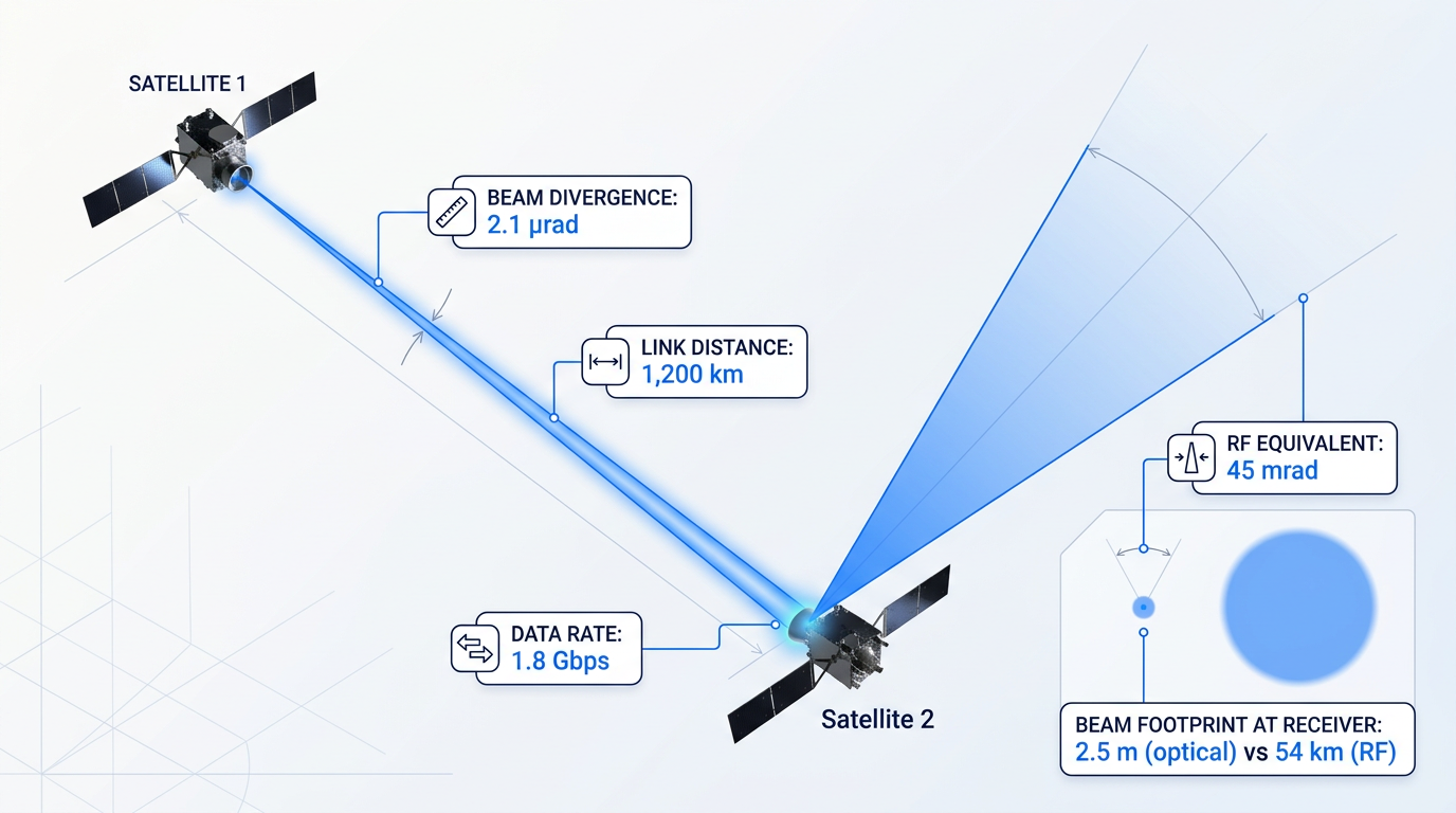Optical ISL geometry comparison: two satellites connected by narrow electric-blue laser beam with beam divergence angle, link distance, and data rate annotations; inset shows tiny optical beam footprint versus much wider RF beam spread at receiver.