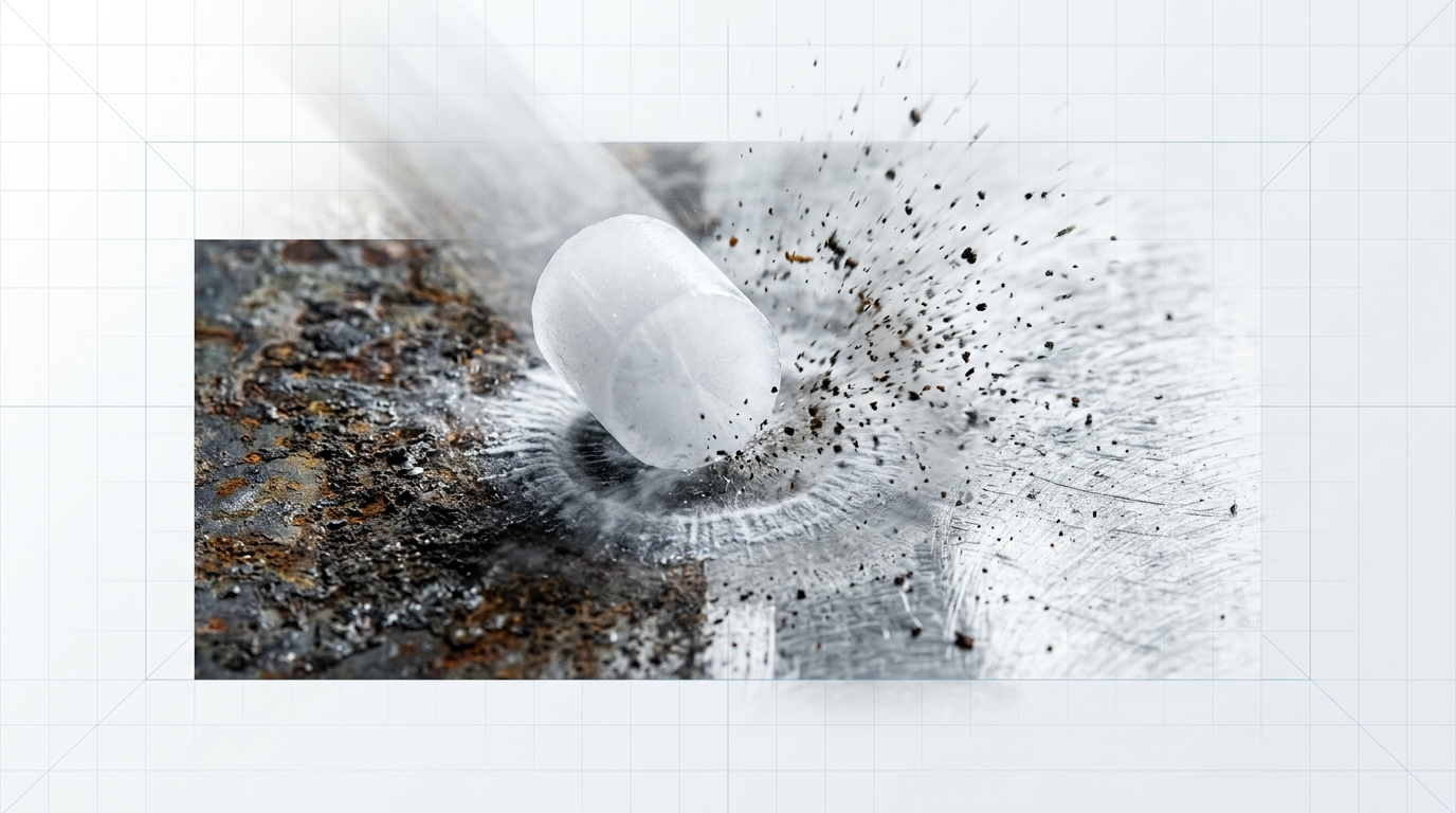 Extreme close-up of dry ice pellet striking contaminated metal surface at impact, with frost radiating outward, contaminant particles lifting away, and clean bare metal visible on the right side of the strike point.