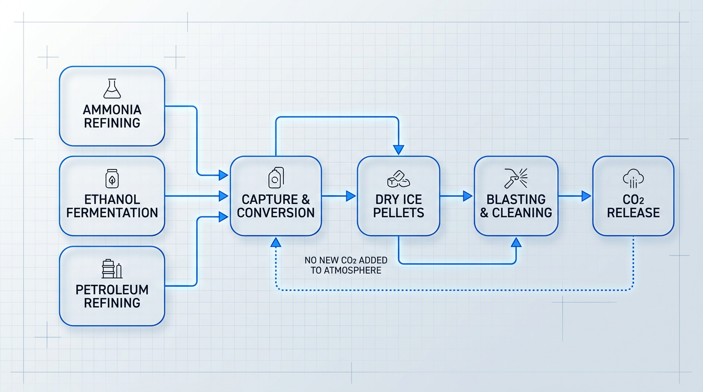 Circular flow diagram showing CO2 sources (ammonia refining, ethanol fermentation, petroleum refining) flowing through capture and conversion into dry ice pellets, then through blasting and cleaning, with CO2 release completing the cycle back to capture—illustrating no new CO2 enters the system.
