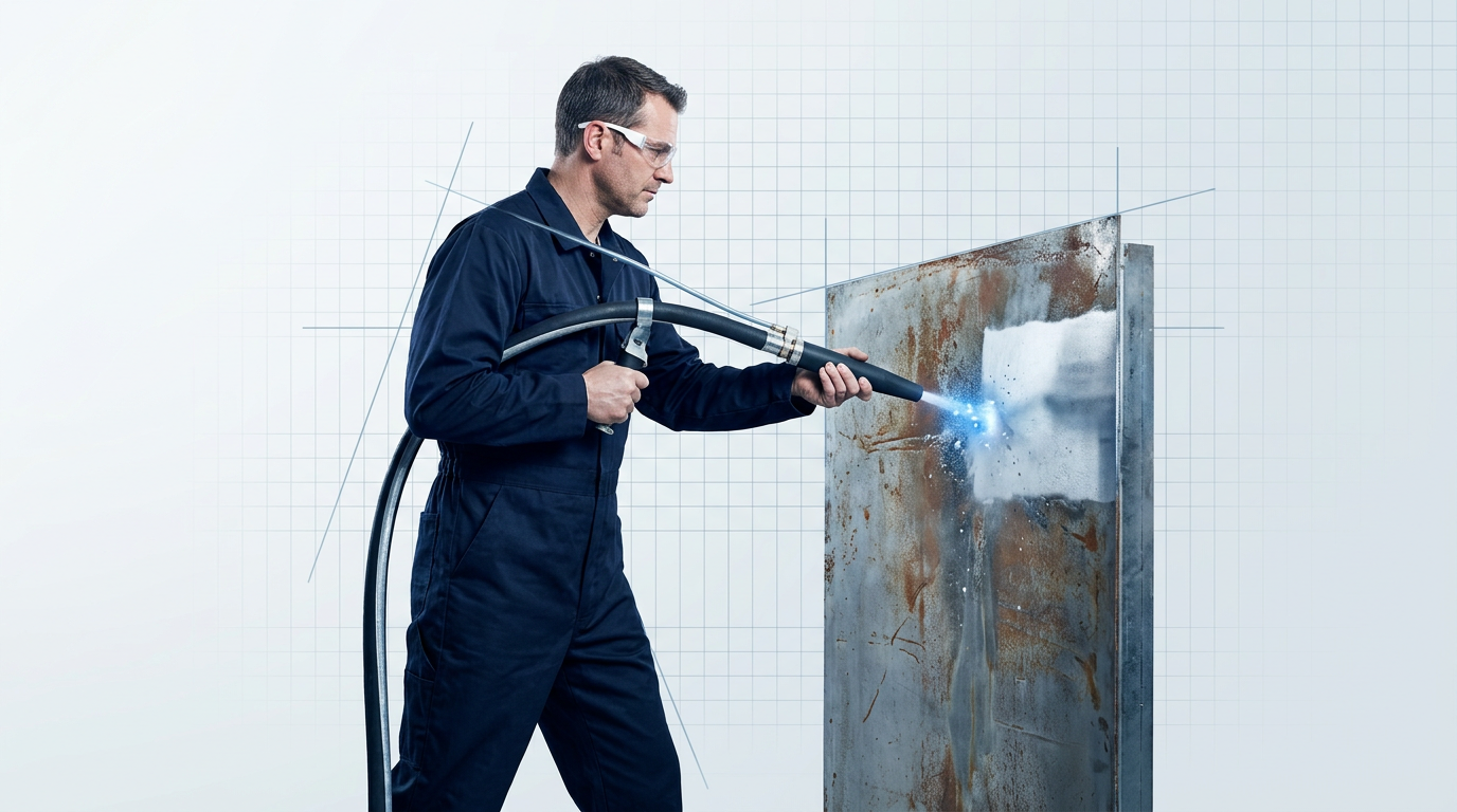 Operator in dark navy coveralls holding dry ice blasting nozzle perpendicular to industrial metal surface, nozzle at 70-90 degree angle with 5-15 cm standoff distance, hose routed over shoulder, electric blue glow visible at impact point where dry ice pellets contact oxidized metal.