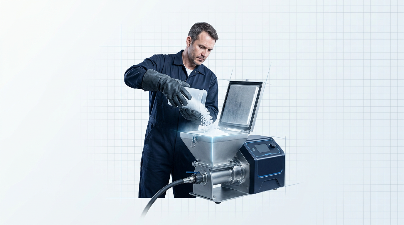 Industrial technician in dark coveralls and cryogenic gloves pouring white dry ice pellets into the insulated hopper of a dry ice blasting unit, with compressed air supply hose visibly connected at the machine inlet.