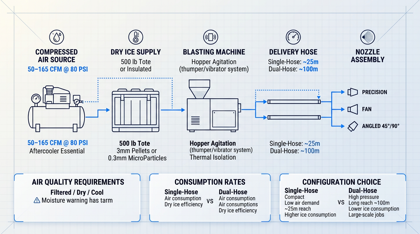 System diagram of dry ice blasting ecosystem showing five interconnected components: compressed air source with aftercooler, insulated dry ice supply tote, blasting machine with hopper agitation, delivery hose options, and nozzle types, connected by flow lines with operational parameters and configuration comparison.