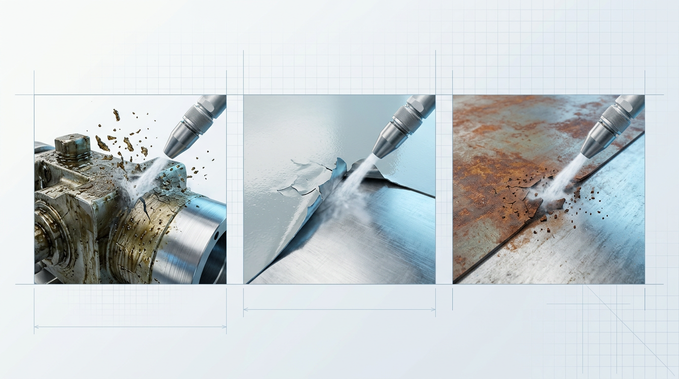 Horizontal triptych showing three industrial surfaces being cleaned by dry ice blasting nozzles: greasy machine component with fractured deposits lifting away, painted metal surface with coating peeling to reveal bare substrate, and rust-stained panel with oxide layer dislodging.