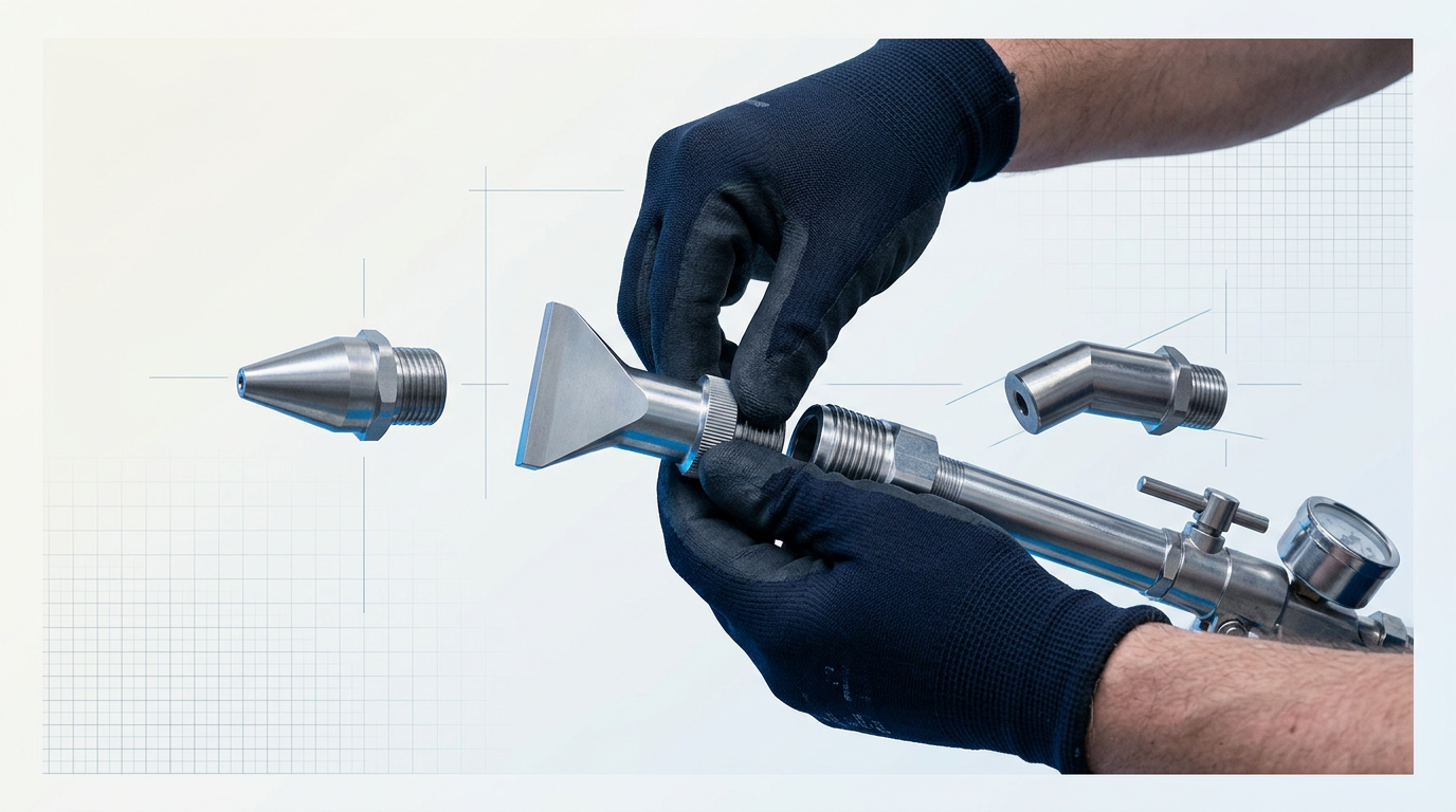 Engineer's gloved hands fitting three nozzle types onto a dry ice blasting gun: round conical, flat, and angled nozzles arranged to show mechanical connection and design differences.