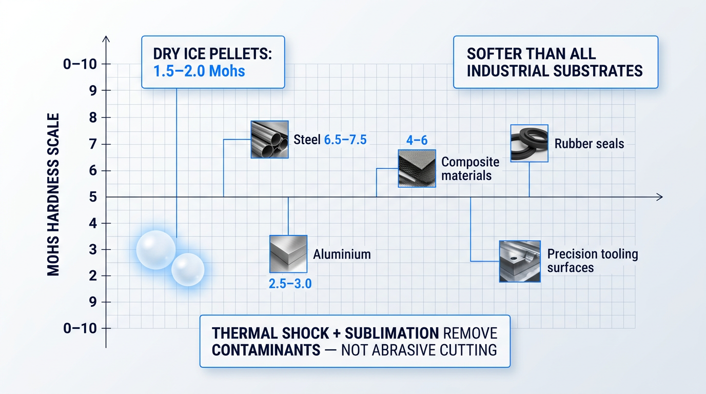 Mohs hardness scale showing dry ice pellets at 1.5–2.0 positioned below steel, aluminium, composites, and tooling surfaces, illustrating why dry ice blasting is non-abrasive.