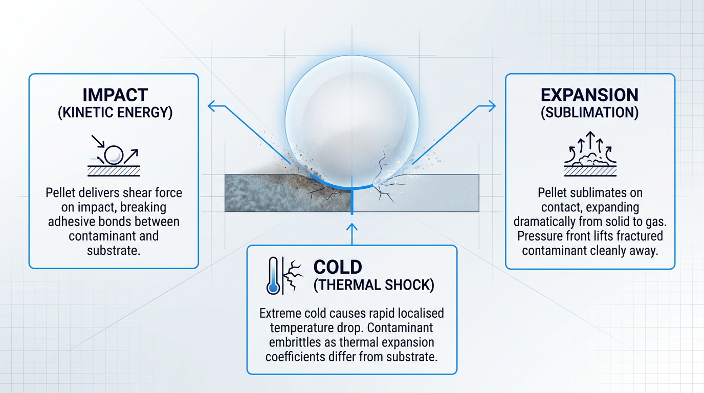 Three-phase dry ice blasting mechanism diagram showing pellet impact on contaminated surface with kinetic energy, thermal shock, and sublimation expansion phases labeled in containers above.