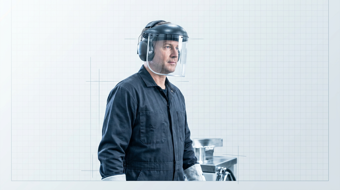 Industrial technician in full dry ice blasting PPE: charcoal coveralls, white cryogenic gloves, clear full-face shield, and over-ear hearing protection, positioned in a bright technical workspace with cool lighting.