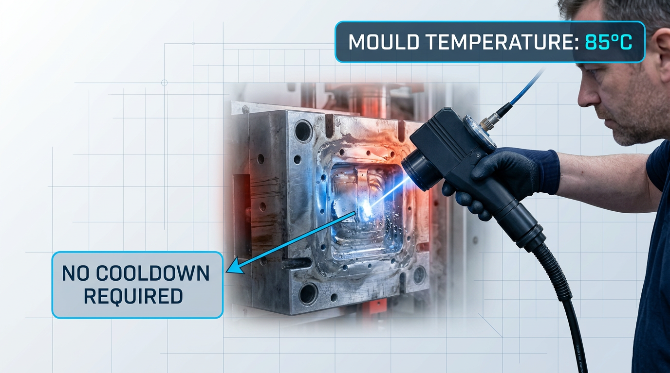 Technician using dry ice blasting nozzle to clean a hot injection mould in-place, with temperature readout at 85°C and label indicating no cooldown required.