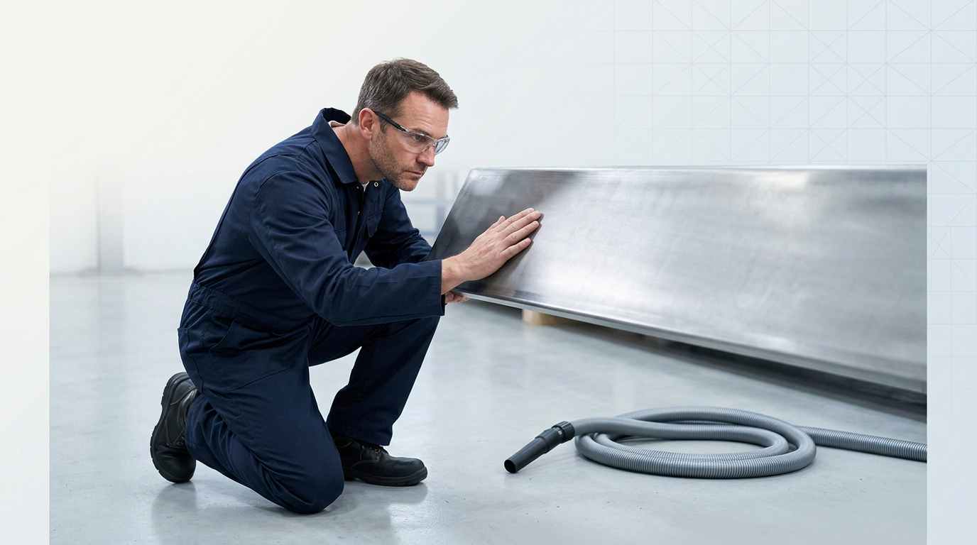 Industrial operator in navy coveralls crouching beside a freshly cleaned metal surface, inspecting it closely under bright workshop lighting with a vacuum hose visible nearby.