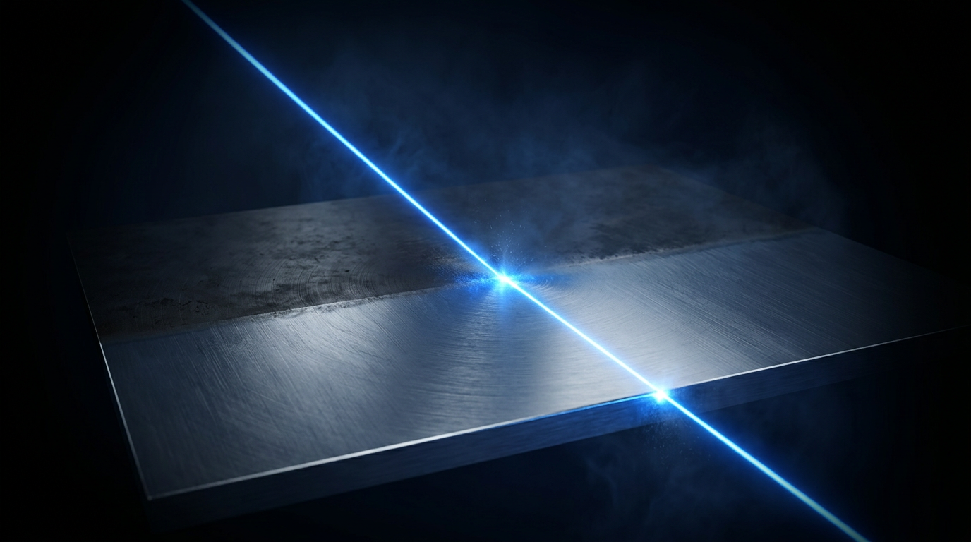 Dark industrial metallic surface with diagonal electric blue laser beam cutting across it, creating stark contrast between oxidized and clean reflective areas, with faint atmospheric haze.