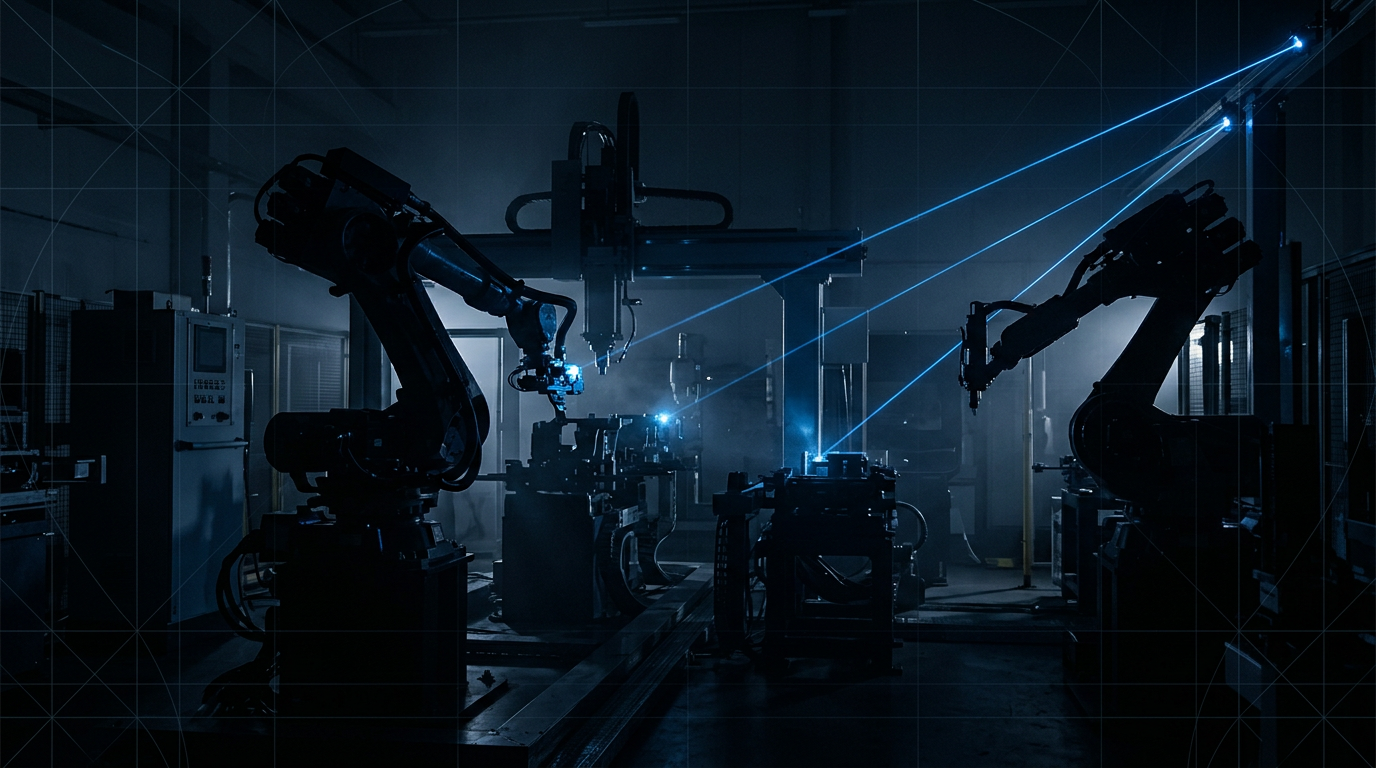 Dark industrial production floor with silhouetted machinery and equipment, illuminated by electric blue laser light beams cutting through the atmosphere from above, suggesting precision automated cleaning technology.