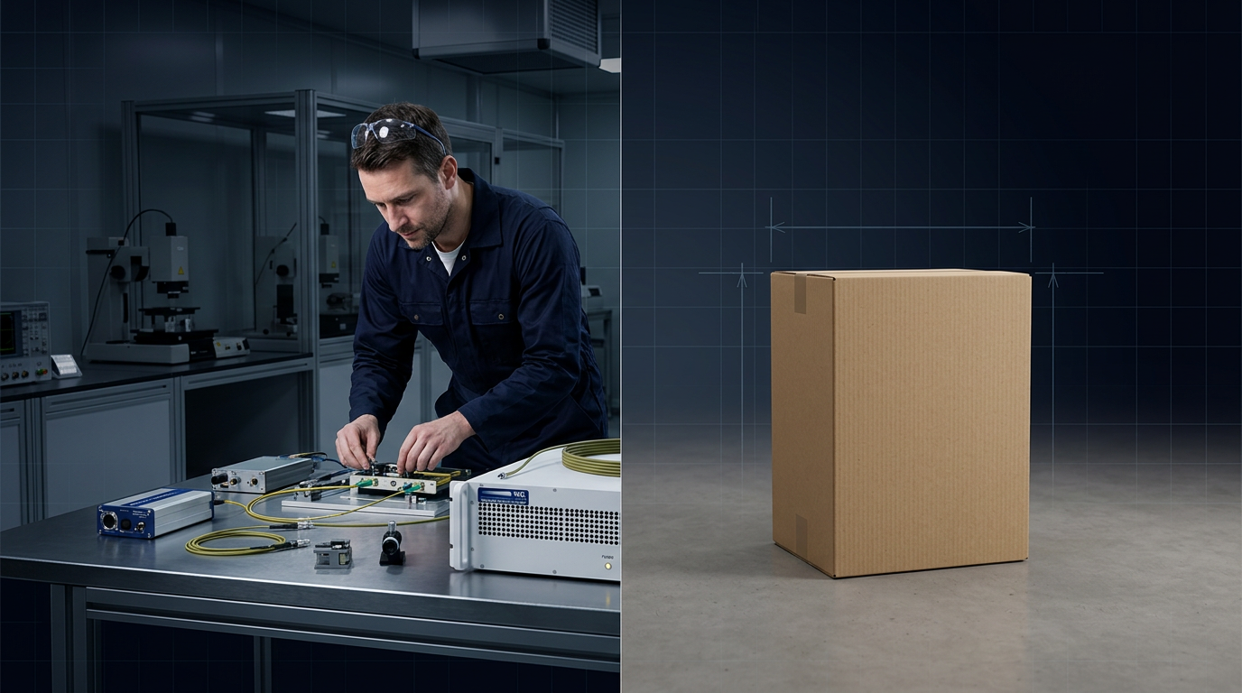 Split-screen industrial scene: left side shows engineer in navy coveralls assembling fiber amplifier components at precision workbench with test equipment; right side shows plain cardboard shipping box on concrete floor in warehouse setting.