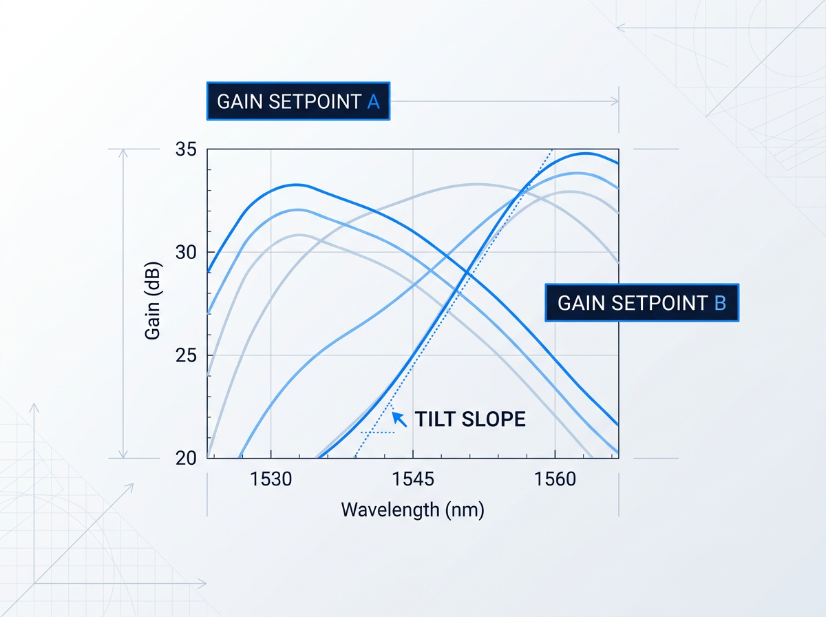 Spectral gain diagram with wavelength on horizontal axis (1530–1560 nm) and gain on vertical axis (20–35 dB), showing three overlaid gain curves with increasing tilt slopes labeled Gain Setpoint A and Gain Setpoint B, demonstrating peak-to-peak variation across the DWDM channel comb.