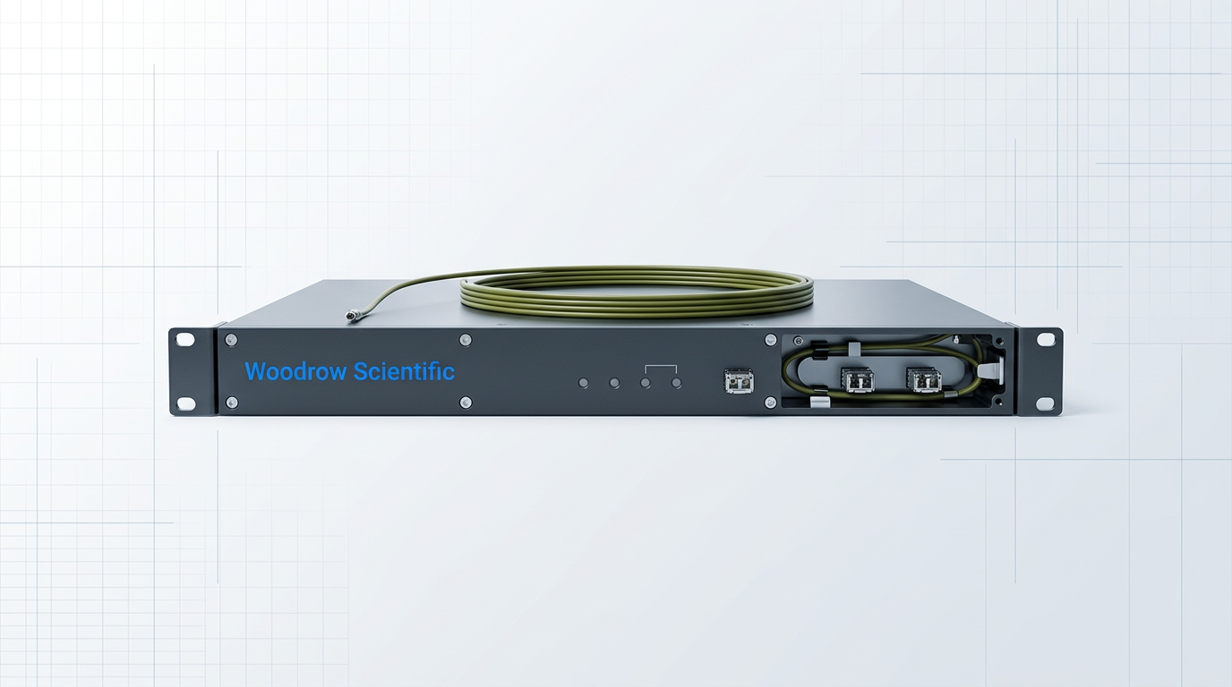1U rack-mount fibre amplifier module with Woodrow Scientific logo on dark front panel, optical fiber cable resting on top, positioned on light technical background with grid pattern