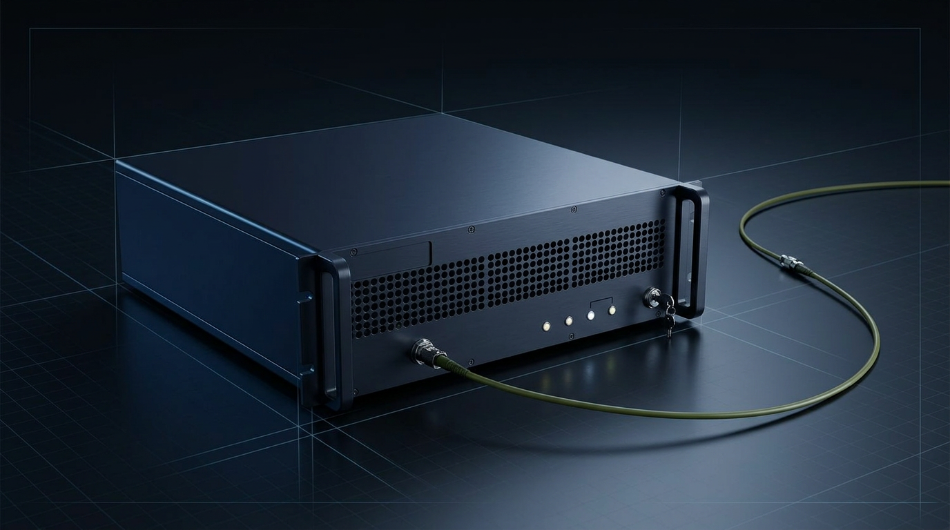 Custom rack-mount EDFA chassis with dark navy finish and WSL logo, fibre delivery cable exiting from front panel, positioned at three-quarter angle against dark technical background with subtle grid pattern.