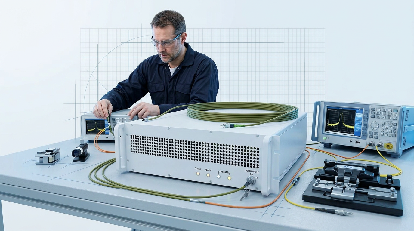Engineer in dark coveralls working at optical workbench with WSL EDFA amplifier, test equipment, and fiber optic connections in bright laboratory setting.