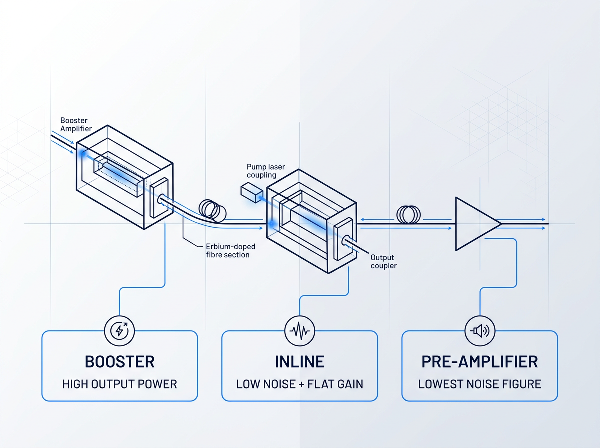 Schematic diagram of DWDM fibre link showing three EDFA amplifier stages in sequence: booster at transmit terminal, inline amplifier along fibre span, and pre-amplifier at receive terminal, each labeled with role name and performance priority.