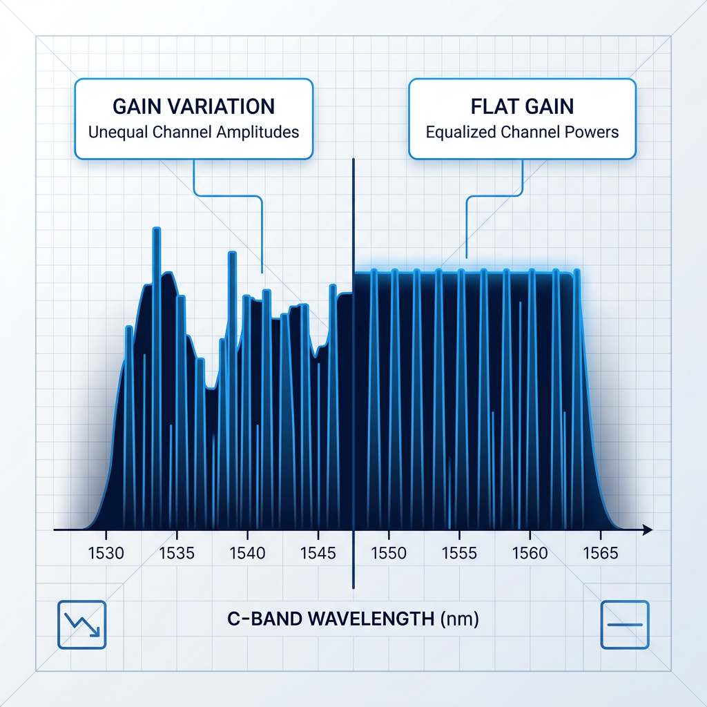 DWDM channel comb spectrum diagram split vertically: left side shows unequal channel amplitudes with jagged profile labeled gain variation; right side shows equalized channel powers with flat profile labeled flat gain, illustrating gain flattening effect across C-band wavelengths.