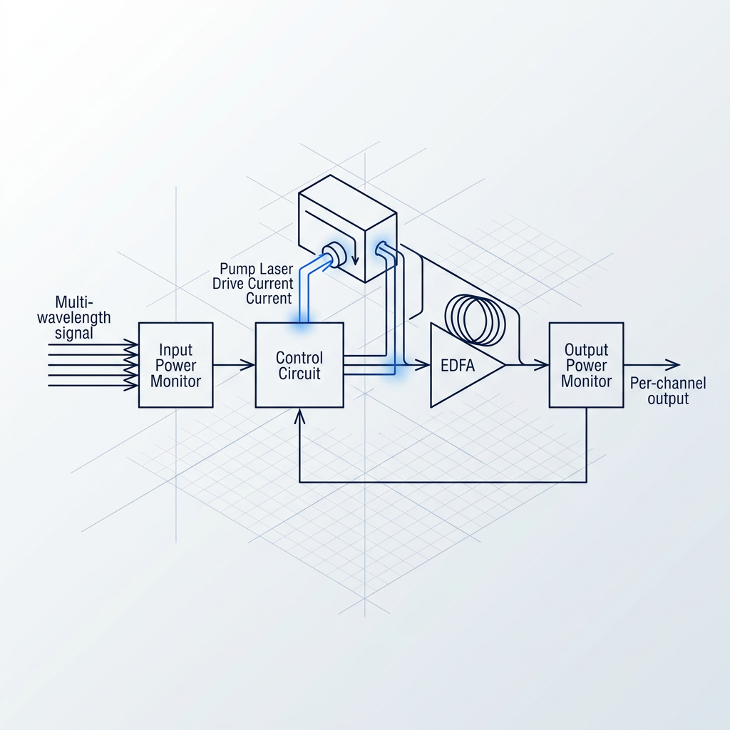Closed-loop EDFA gain control schematic showing input power monitor, control circuit, pump laser drive adjustment, amplifier block, output monitor, and feedback path maintaining stable per-channel output power.