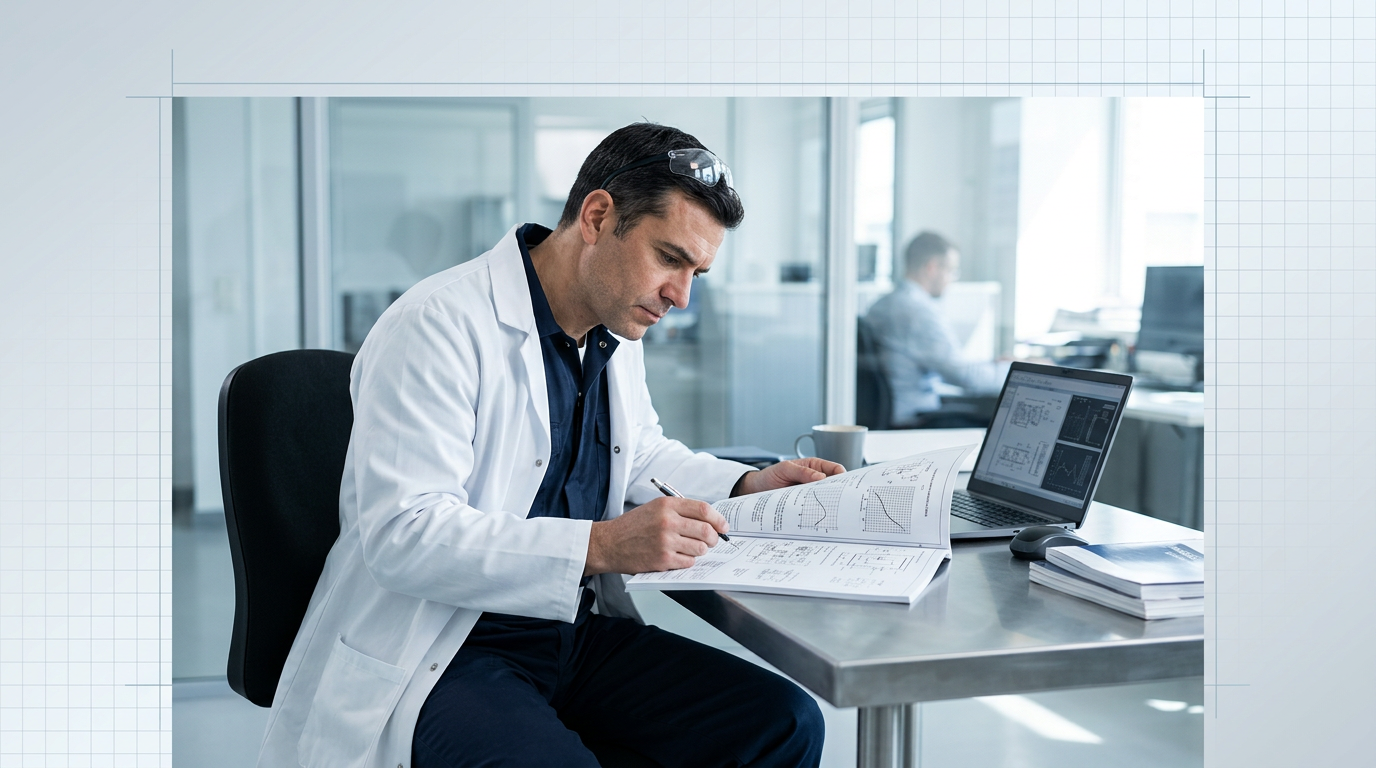 Engineer in lab coat seated at desk, leaning forward to review detailed technical specification documents with schematics, laptop displaying system diagrams visible to the right.
