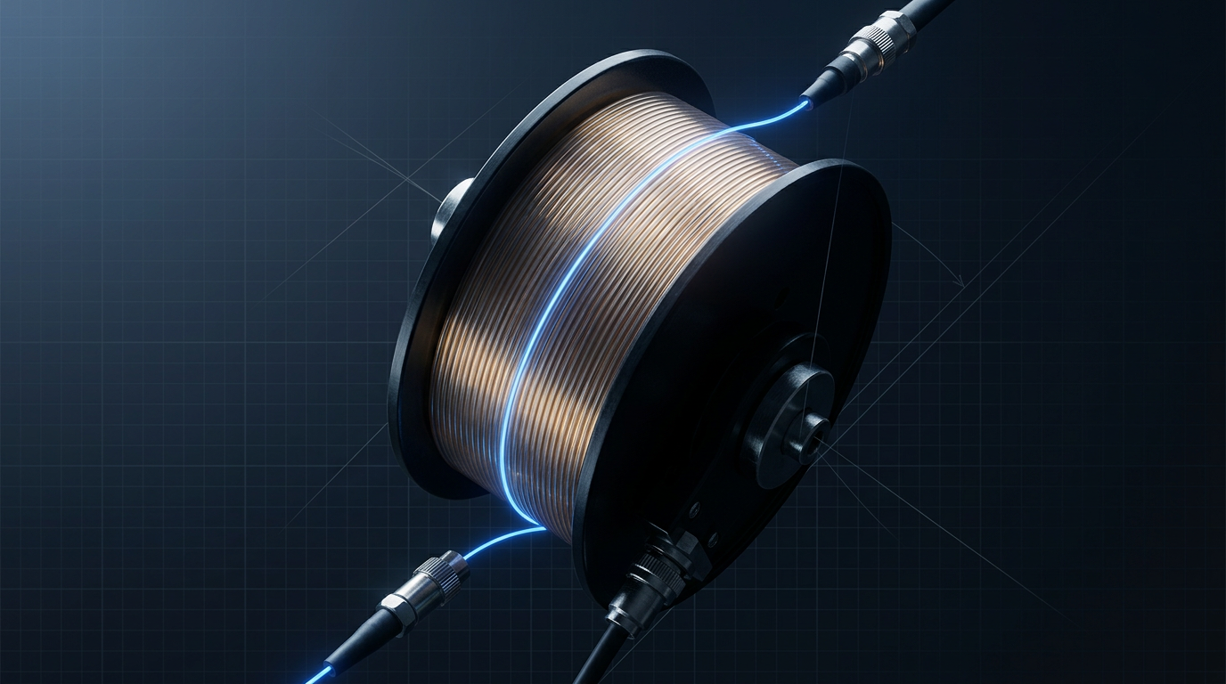 Close-up of erbium-doped fibre coil with tightly wound optical fibre on dark mounting frame, electric blue signal path tracing from seed oscillator input through coil to power amplifier output.