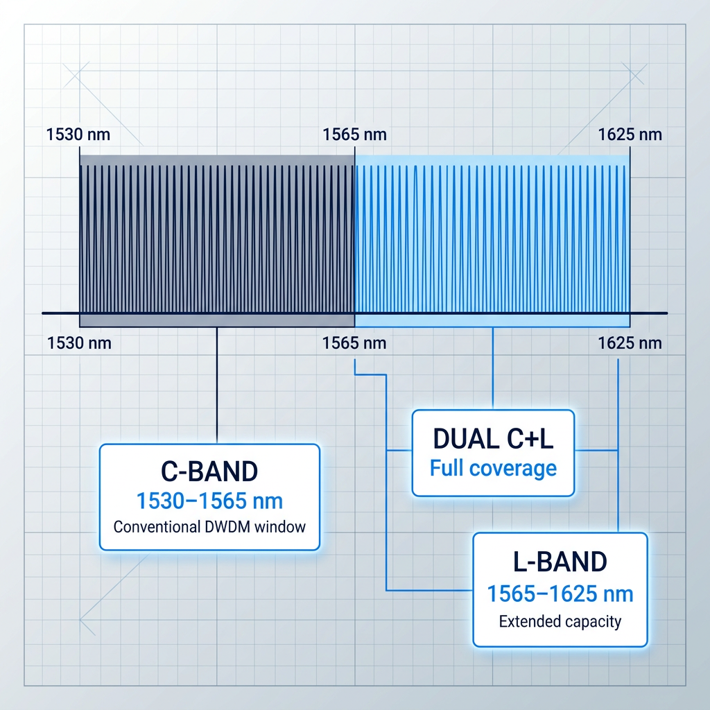 Wavelength spectrum diagram showing C-band (1530–1565 nm) in navy and L-band (1565–1625 nm) in electric blue, with channel combs and three labeled containers identifying band coverage and capacity characteristics.