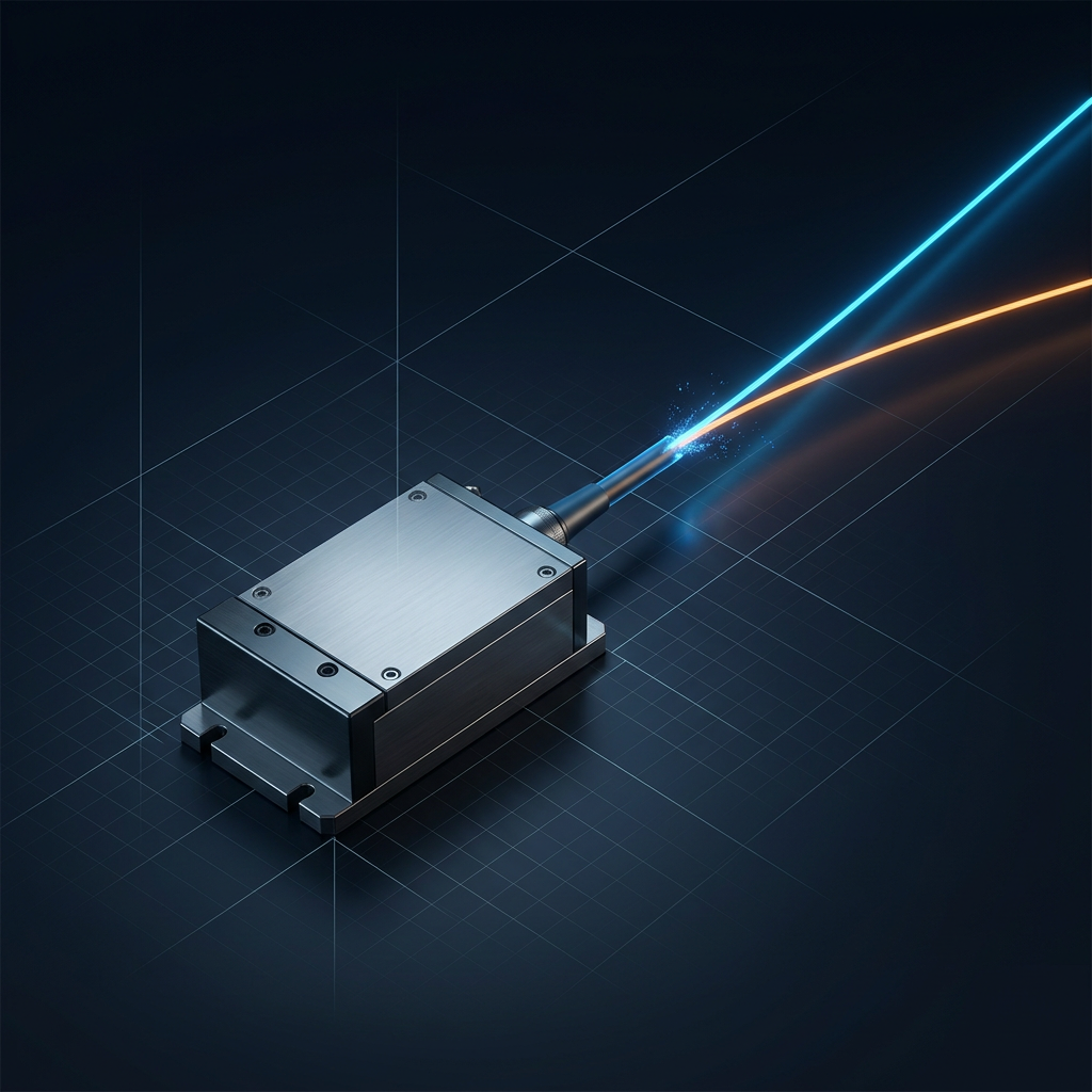 EDFA amplifier unit with dual optical beam paths—cyan C-band and amber L-band—emerging from a single cable output against a dark technical background with grid pattern.