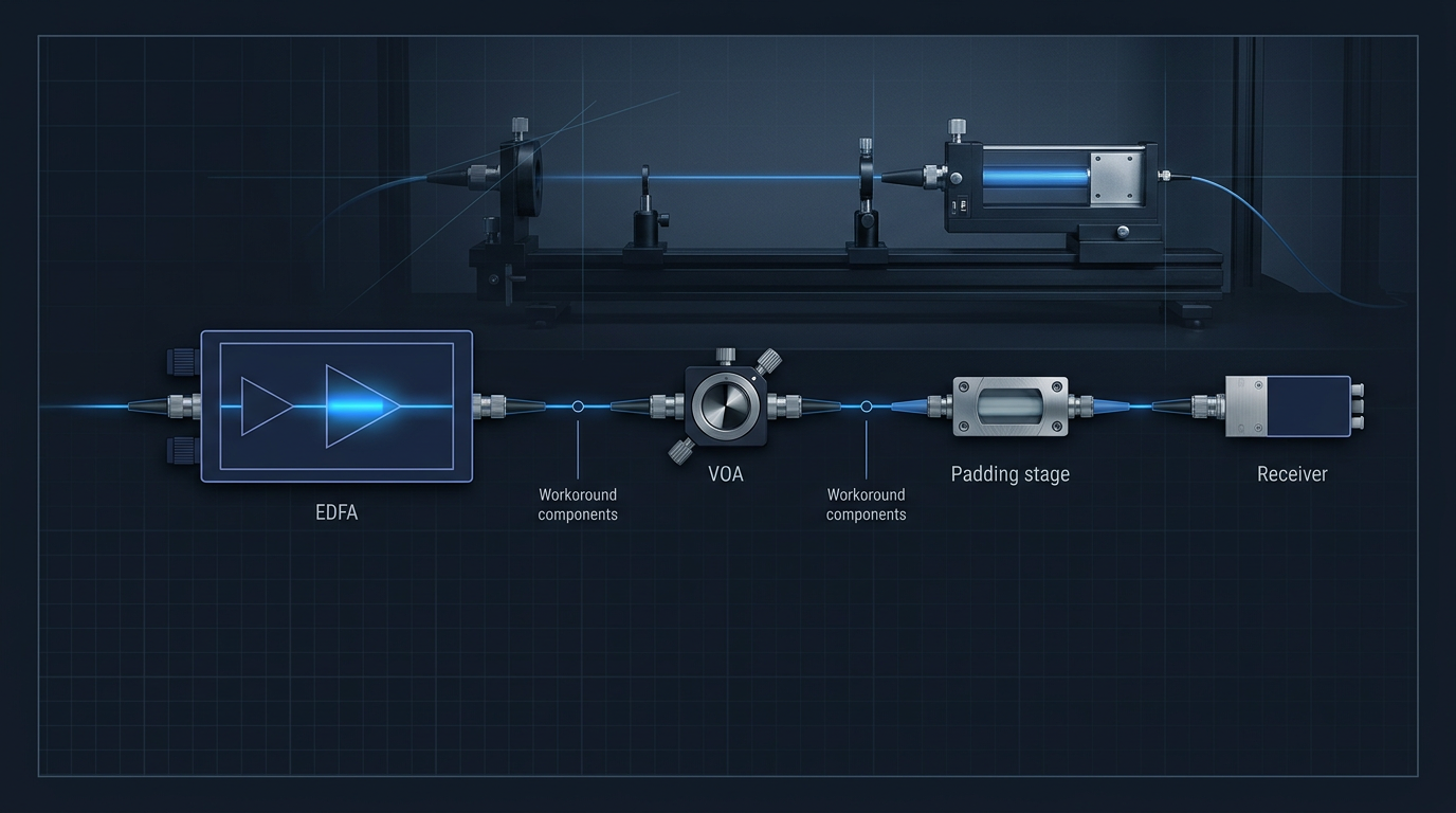 Optical signal path schematic showing EDFA amplifier connected via electric blue lines to variable optical attenuator and padding stage before receiver, demonstrating workaround components required for parameter mismatch compensation.