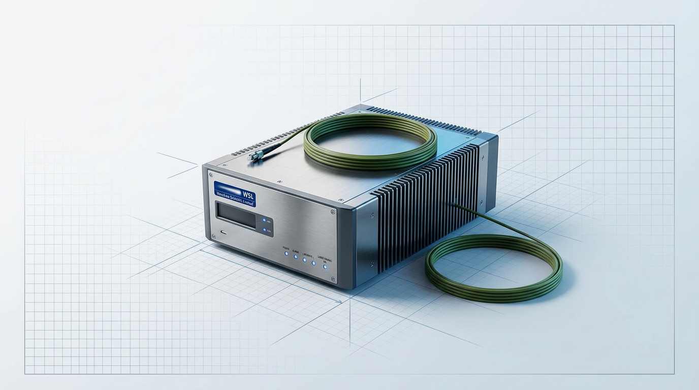 Air-cooled EDFA amplifier enclosure with visible ventilation fins, brushed metal chassis, front control panel with indicator LEDs, and fiber optic cable, positioned on neutral engineering background.