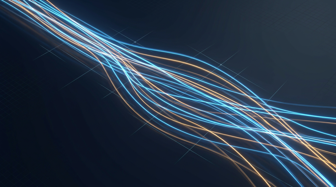 Abstract glowing optical fiber strands in electric blue and amber flowing diagonally across deep navy background with faint geometric grid and construction lines, evoking photonic wavelength channels.