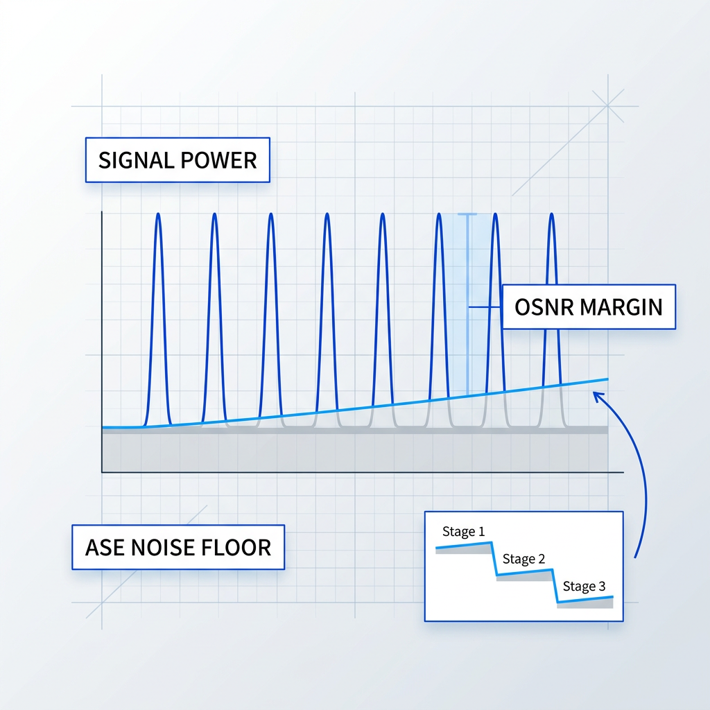 Technical power spectrum diagram showing signal channels as sharp peaks in electric blue rising above a rising ASE noise floor baseline, with OSNR margin gaps marked between them, and a secondary cascade annotation showing noise accumulation across three amplifier stages.