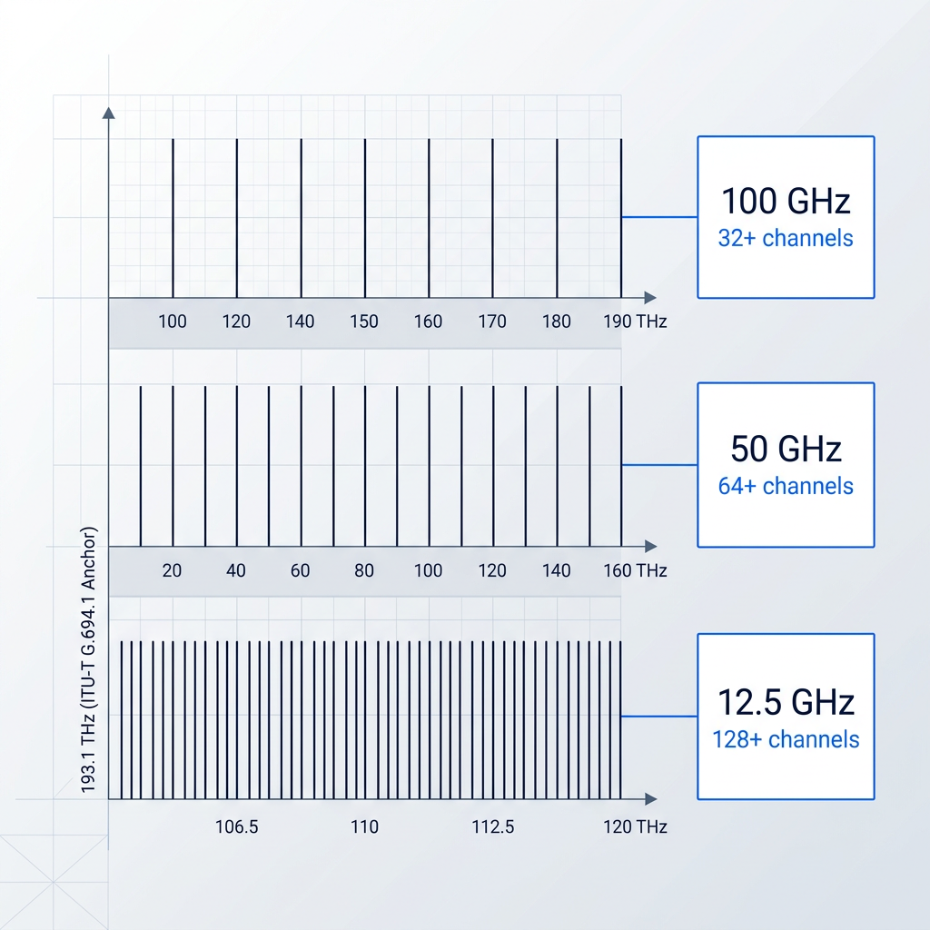 Technical frequency grid diagram showing three ITU-T G.694.1 DWDM channel spacing options: 100 GHz with 32+ channels, 50 GHz with 64+ channels, and 12.5 GHz with 128+ channels, anchored at 193.1 THz reference point.