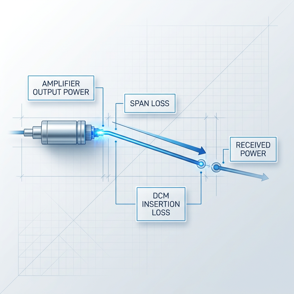 Fibre span schematic showing EDFA amplifier output on left with electric blue glow, gradually attenuating signal along horizontal fibre path to receiver on right, with four labeled containers identifying amplifier output power, span loss, DCM insertion loss, and received power.