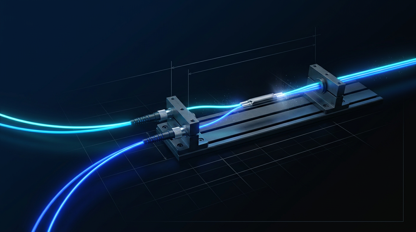 Fibre optic cable assembly with two distinct coloured light paths — cyan C-band and electric blue L-band — merging through a central optical coupler into a single unified output cable on a dark technical background.