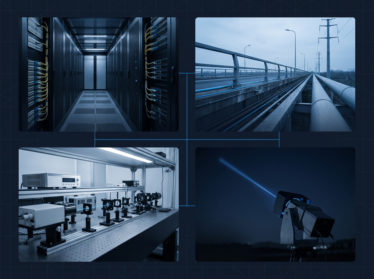 Four-quadrant technical composition showing EDFA applications: data centre fibre racks (top-left), outdoor fibre sensing along infrastructure (top-right), research laboratory optical bench (bottom-left), and free-space optical terminal pointed skyward (bottom-right), connected by electric blue lines on dark navy background.