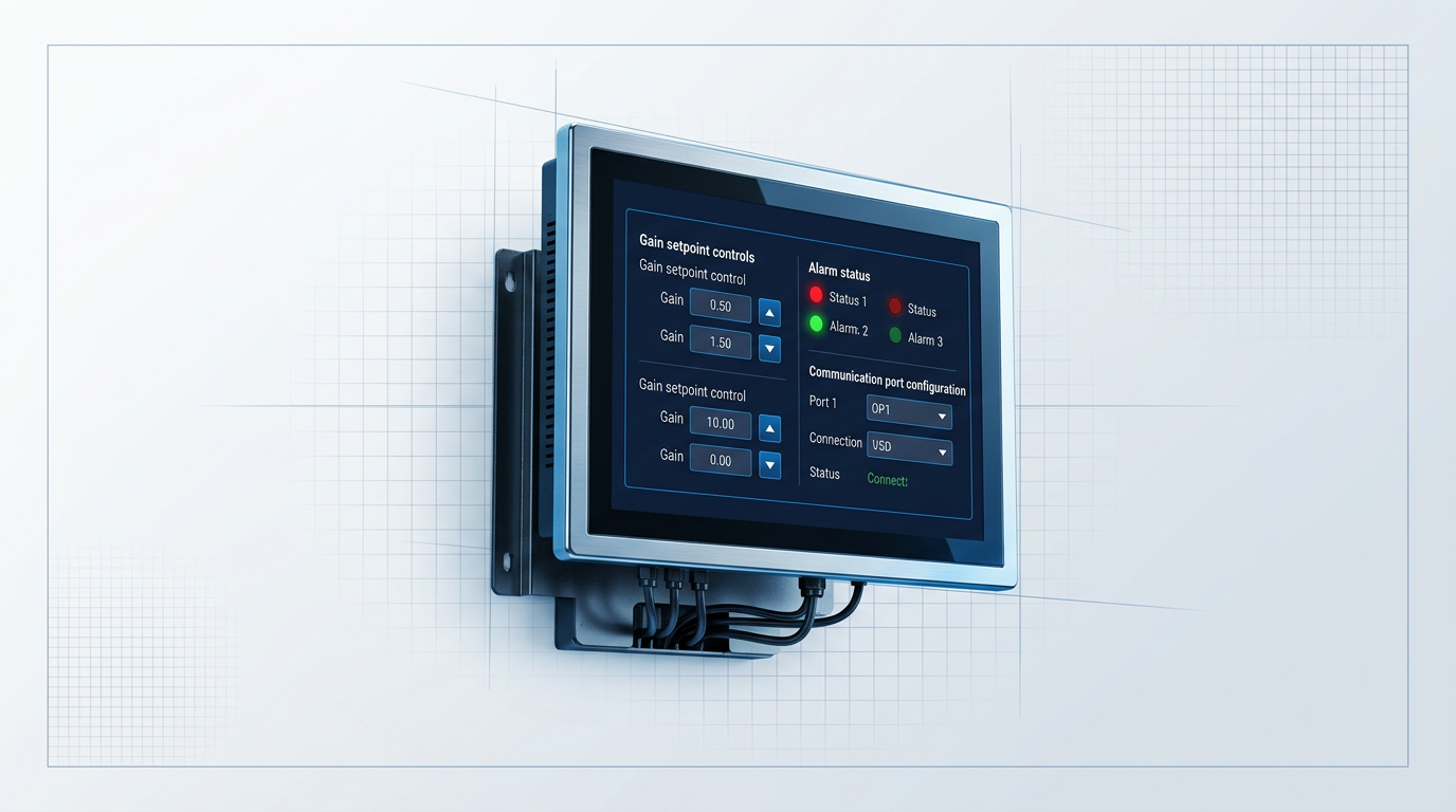 Firmware control interface on an industrial monitor displaying gain setpoint controls, alarm status indicators in red and green, and communication port configuration options against a dark navy background with electric blue accents.