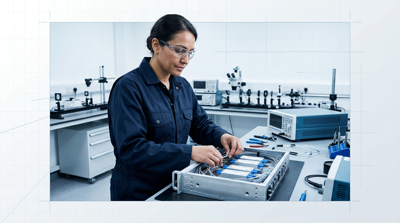 Technician in dark navy coveralls assembling fibre amplifier components at a precision workbench in a bright laboratory, with optical fibres and erbium-doped modules visible.