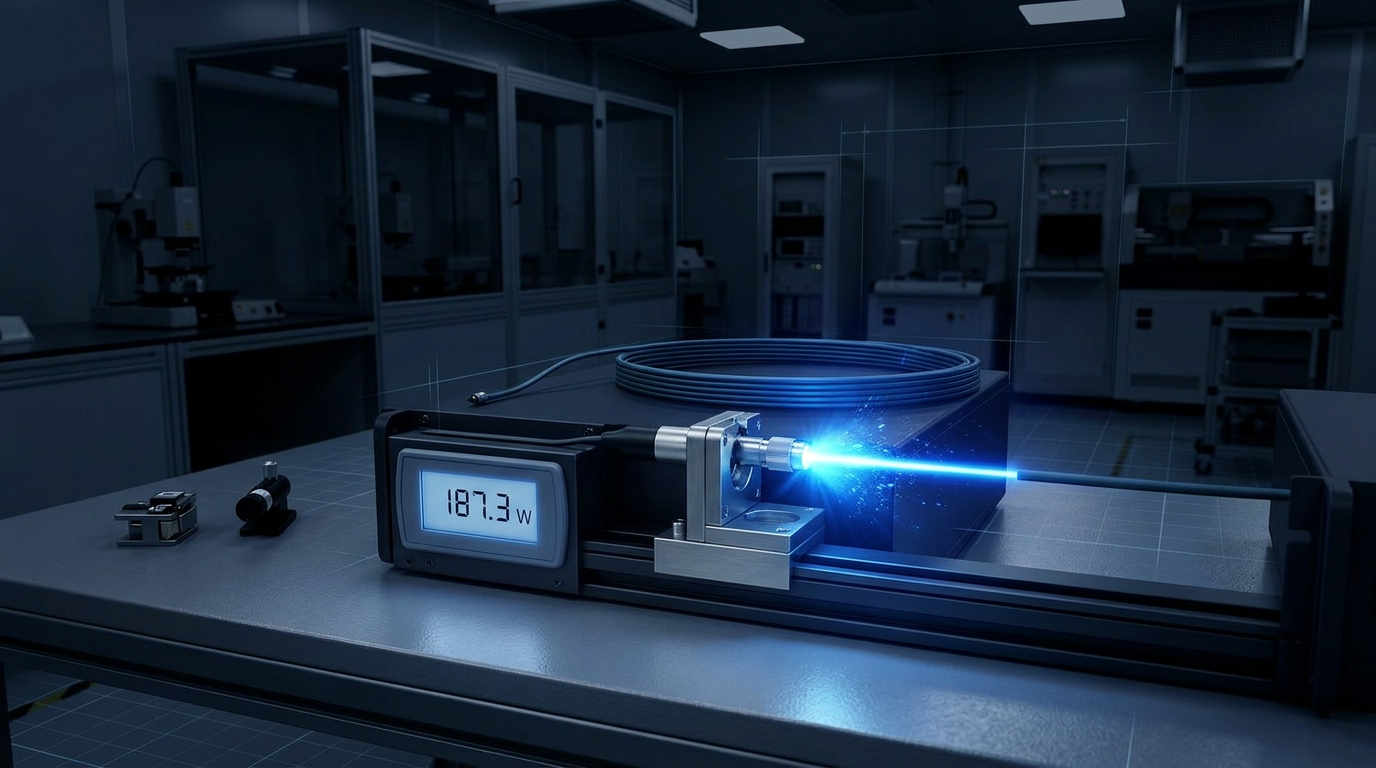 High-power fibre optic cable output glowing with electric blue luminescence from precision optical mounting hardware, with digital power meter display adjacent showing output power in dark engineering laboratory environment.