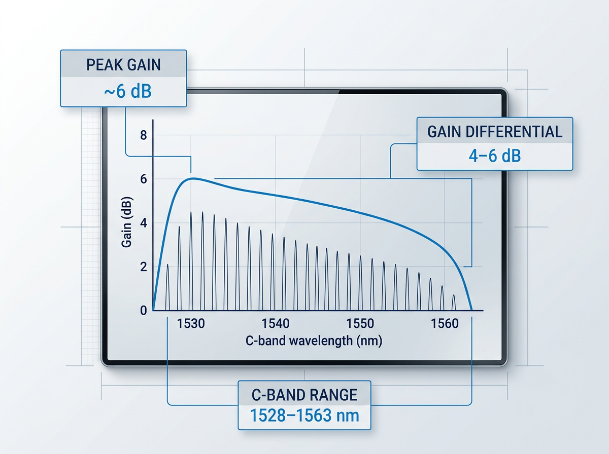 C-band gain-versus-wavelength diagram showing non-flat erbium curve peaking near 1530 nm with 4–6 dB differential to trough at 1563 nm, overlaid with unequal DWDM channel amplitudes mirroring gain variation.