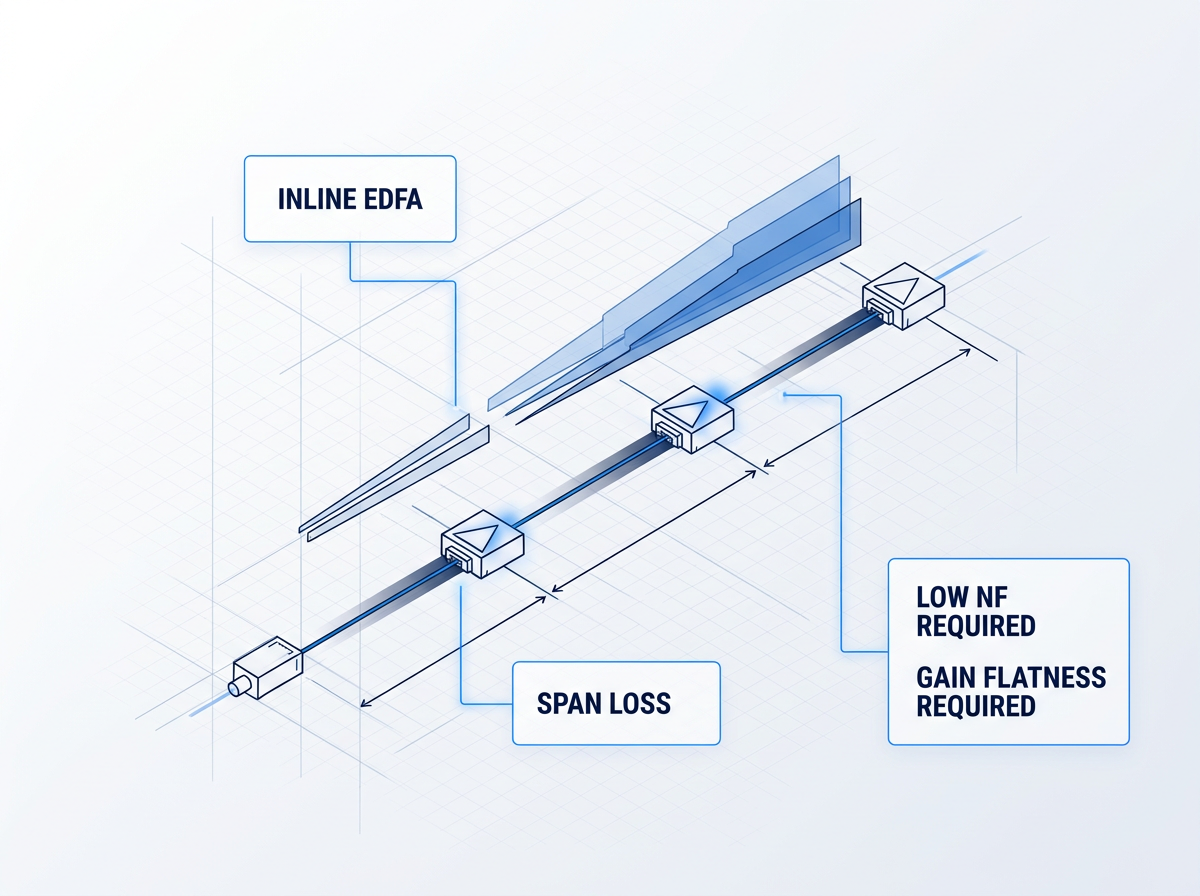 Schematic diagram of multi-span DWDM fibre link with three inline EDFAs positioned between successive spans, showing span loss degradation and ASE accumulation across cascaded amplifier stages.