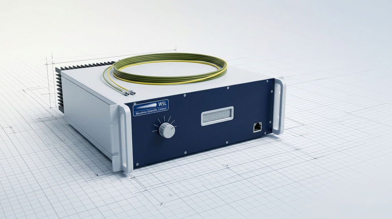 Precision-engineered EDFA amplifier unit with dark navy front panel showing band selector dial, power output display, cooling interface connector, and control port, positioned on light technical background with grid pattern.