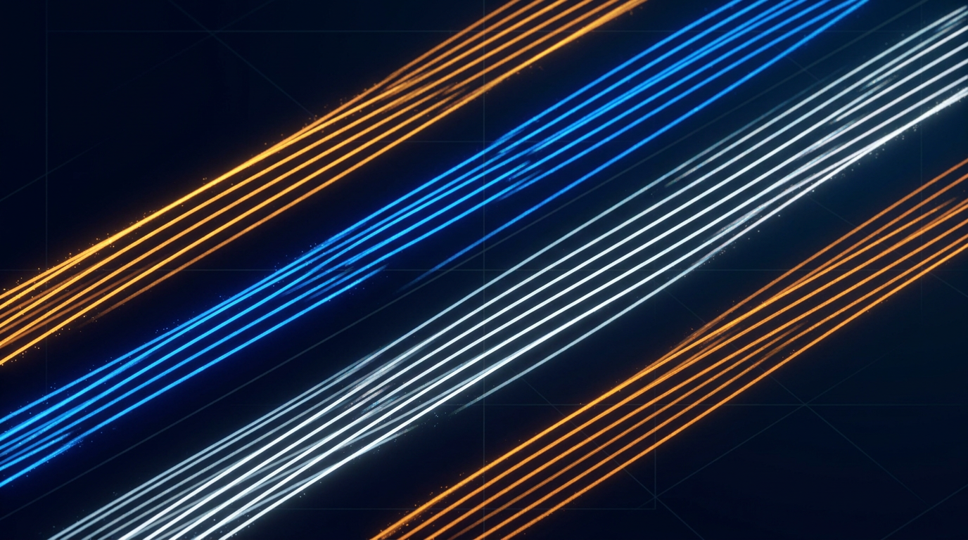 Abstract dark background with parallel glowing optical fibre strands in amber, electric blue, and white propagating diagonally across deep navy, representing multiple simultaneous DWDM wavelength channels.