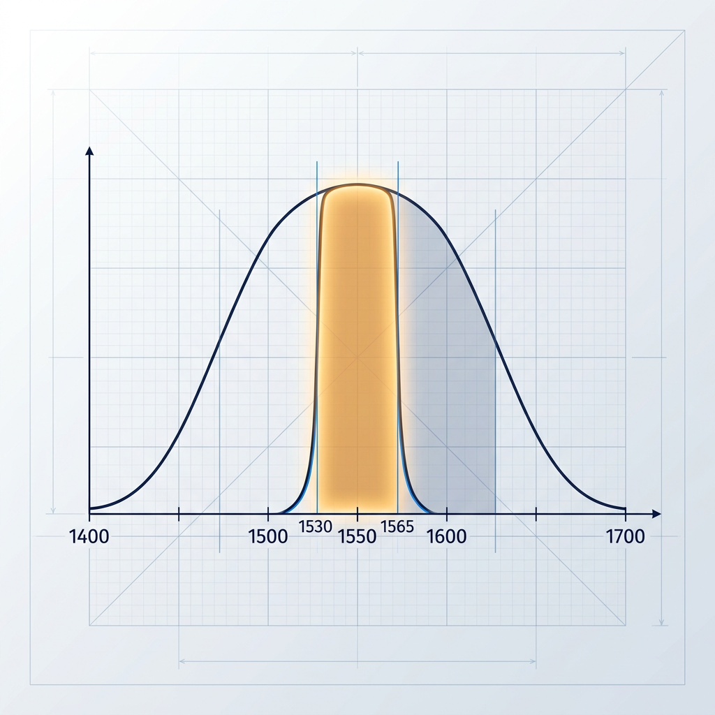 Optical spectrum diagram showing C-band (1530–1565 nm) highlighted in warm amber glow against dark technical background, with wavelength axis labeled at 1530 nm, 1550 nm, and 1565 nm.